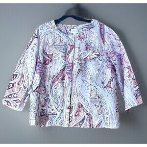 Chico's Linen Jacket XL (3) Top Paisley Creative Casual Relaxed Coastal Artsy